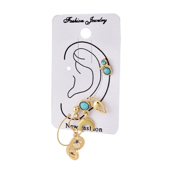 5-piece Boho Palm Moon Turquoise Gold Earrings - Picture 5 of 5